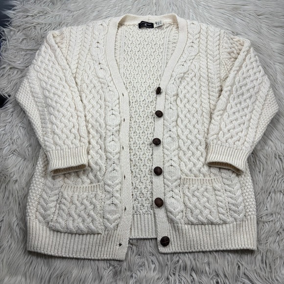The Irish Store Women's XL Ivory Cable-Knit Long Line Button